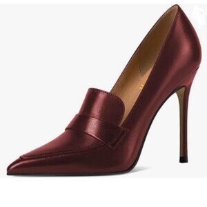 miss left Burgundy High Heel Loafer Pumps with Trim Pointed Toe Slip on Shoe